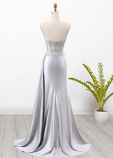 Paula | Silver Emerald Green Mermaid Corset Pleated Satin Formal Dress with Train - Silver - PromDressClub
